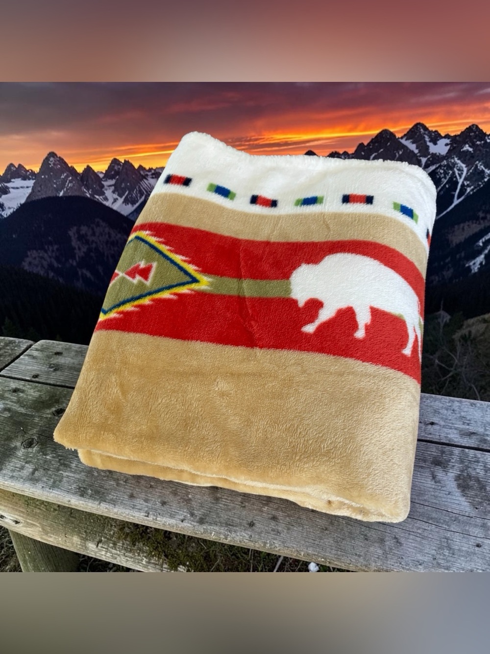 St Labre Indian School Fleece Throw Blanket Buffalo Aztec Native American 56”x45